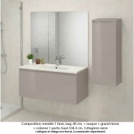 Ensemble meuble de salle de bain Oxford 80 cm grège brillant, plan vasque marbre reconstitué, 1 tiroir , miroir plan , colonne P. 35 cm x H. 104 cm