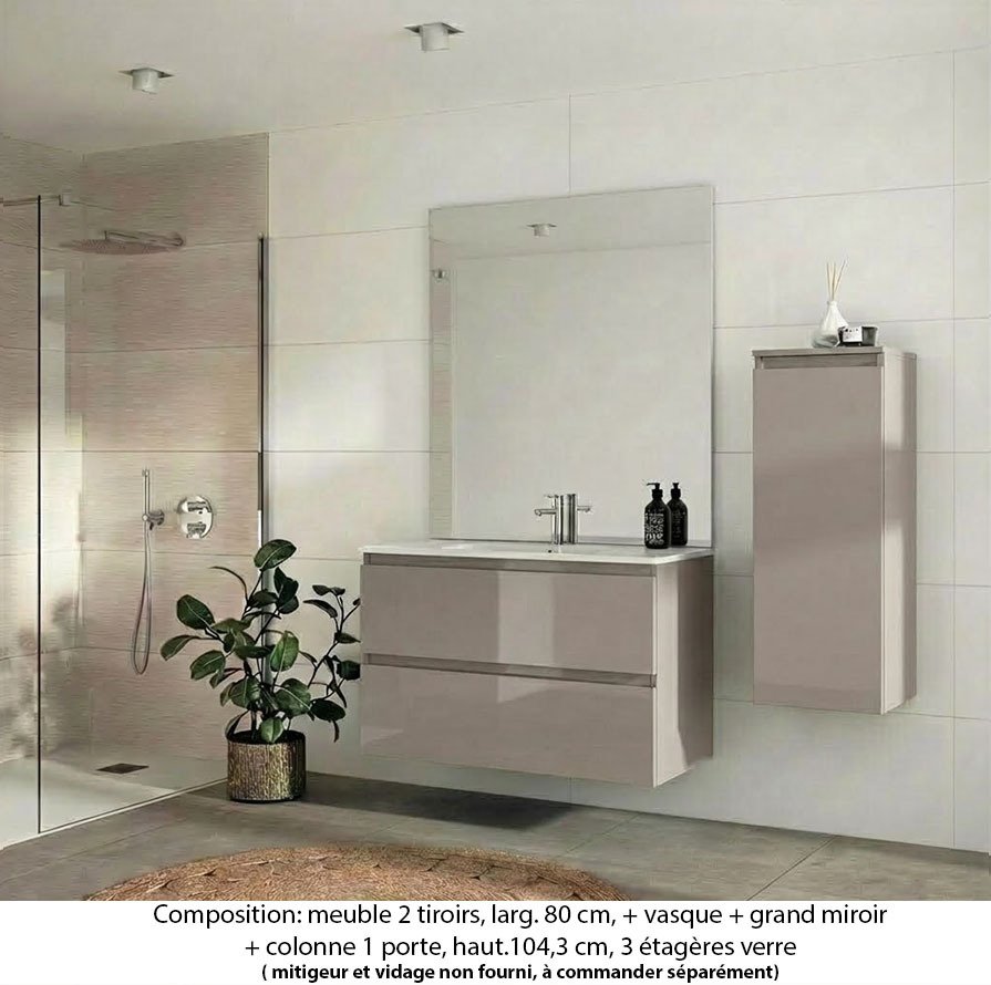 Ensemble meuble de salle de bain Oxford 80 cm grège brillant, plan vasque marbre reconstitué, 2 tiroirs , miroir plan , colonne P. 35 cm x H. 104 cm