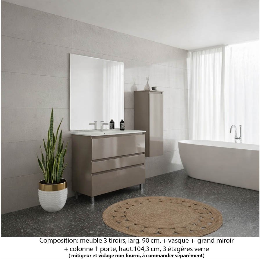Ensemble meuble de salle de bain Oxford 80 cm grège brillant, plan vasque marbre reconstitué, 3 tiroirs , miroir plan , colonne P. 35 cm x H. 104 cm