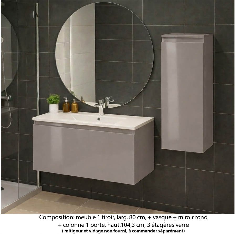 Ensemble meuble de salle de bain Oxford 100 cm grège brillant, plan vasque marbre reconstitué, 1 tiroir , miroir rond , colonne P. 35 cm x H. 104 cm