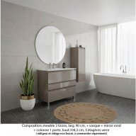 Ensemble meuble de salle de bain Oxford 90 cm grège brillant, plan vasque céramique, 3 tiroirs , miroir rond , colonne P. 35 cm x H. 104 cm