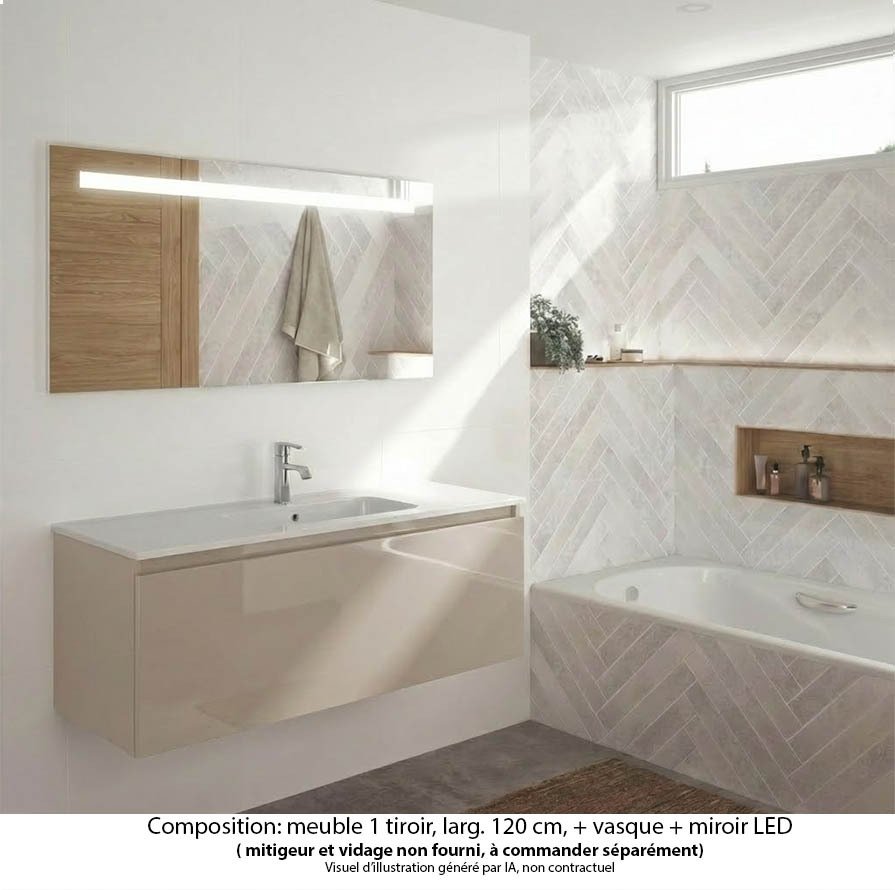 Ensemble meuble de salle de bain Oxford 120 cm grège brillant, plan vasque marbre reconstitué,  1 tiroir , miroir LED