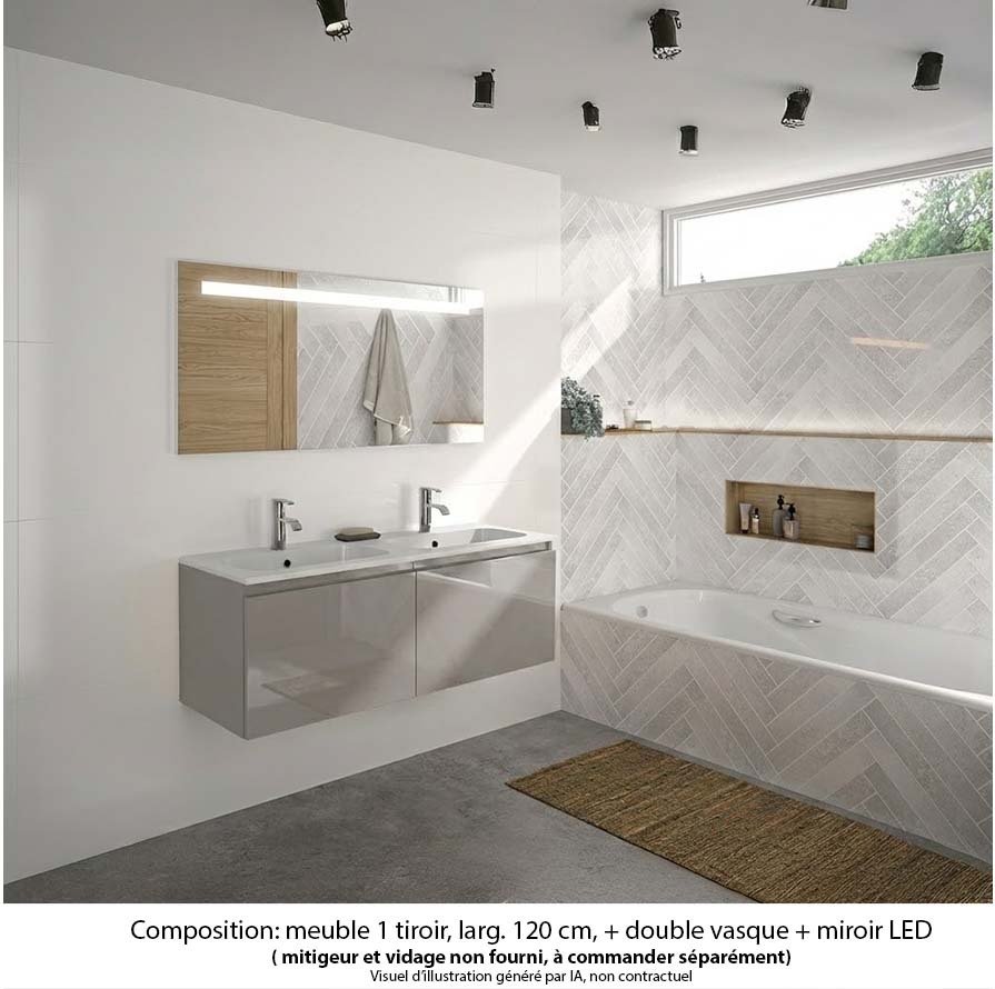 Ensemble meuble de salle de bain Oxford 120 cm grège brillant, plan double vasque marbre reconstitué,  2 tiroirs , miroir LED