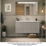 Ensemble meuble de salle de bain Oxford 120 cm grège brillant, plan vasque céramique, 3 portes , miroir LED