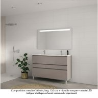 Ensemble meuble de salle de bain Oxford 120 cm grège brillant, plan double vasque céramique, 3 tiroirs , miroir LED