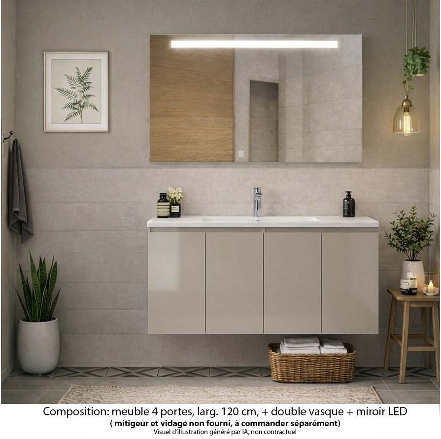 Ensemble meuble de salle de bain Oxford 120 cm grège brillant, plan vasque marbre reconstitué,  4 portes , miroir LED