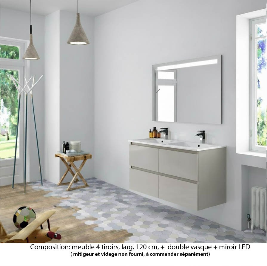 Ensemble meuble de salle de bain Oxford 120 cm grège brillant, plan double double vasque marbre reconstitué,  4 tiroirs , miroir LED