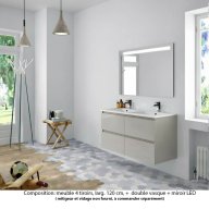 Ensemble meuble de salle de bain Oxford 140 cm grège brillant, plan double double vasque marbre reconstitué, 4 tiroirs , miroir LED