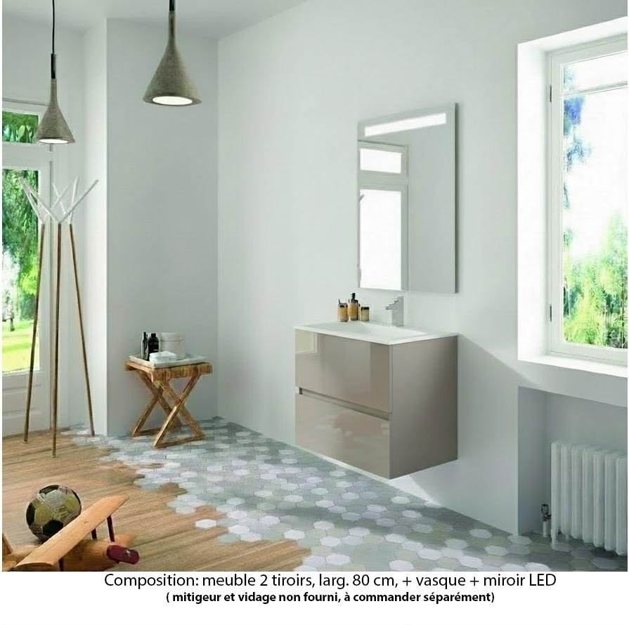 Ensemble meuble de salle de bain Oxford 80 cm grège brillant, plan vasque marbre reconstitué,  2 tiroirs , miroir LED