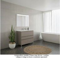 Ensemble meuble de salle de bain Oxford 90 cm grège brillant, plan vasque céramique, 3 tiroirs , miroir LED