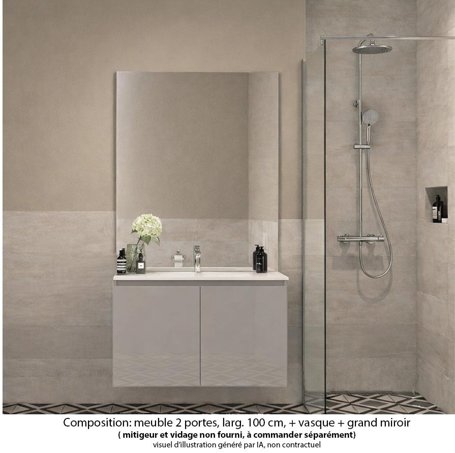 Ensemble meuble de salle de bain Oxford 80 cm grège brillant, plan vasque marbre reconstitué,  2 portes , miroir haut. 110 cm