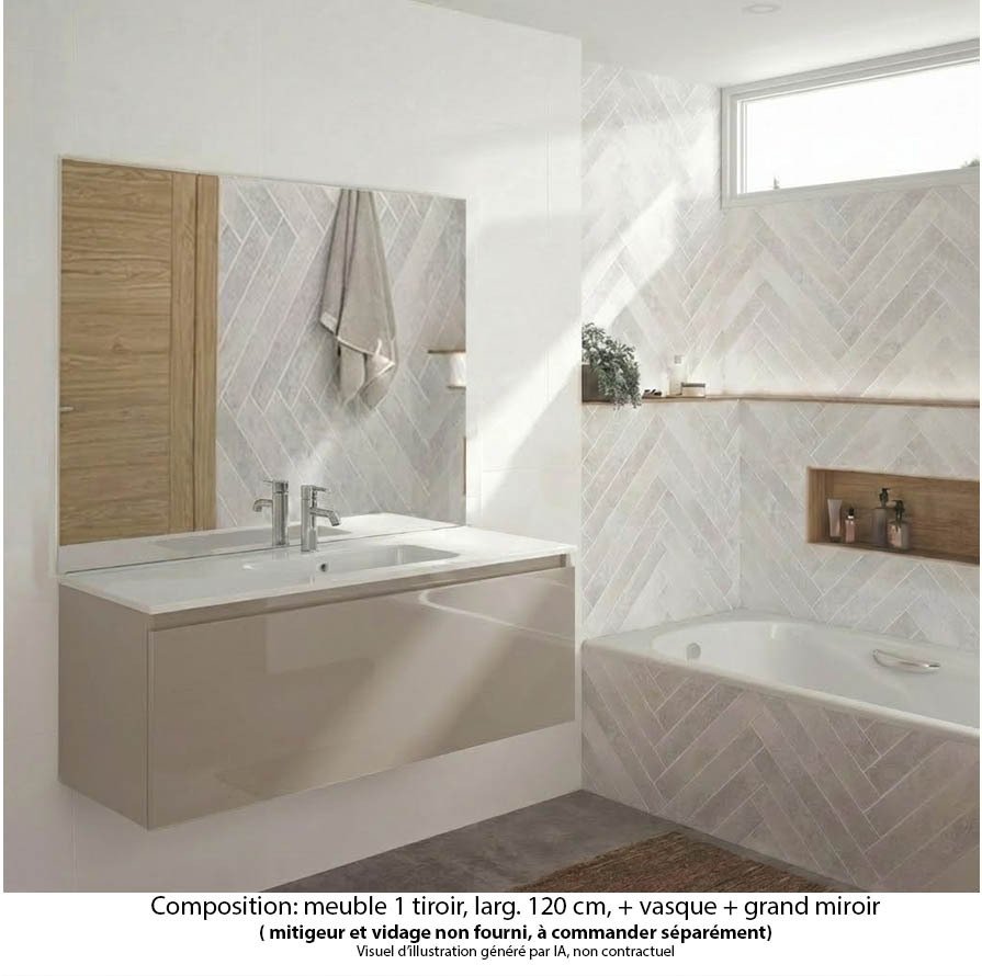 Ensemble meuble de salle de bain Oxford 120 cm grège brillant, plan vasque marbre reconstitué,  1 tiroir , miroir haut. 110 cm