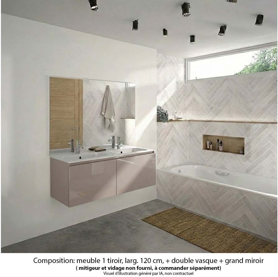 Ensemble meuble de salle de bain Oxford 120 cm grège brillant, plan double vasque marbre reconstitué,  2 tiroirs , miroir haut. 110 cm