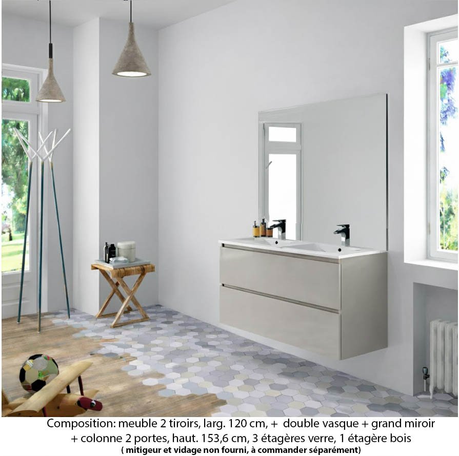 Ensemble meuble de salle de bain Oxford 120 cm grège brillant, plan double vasque marbre reconstitué,  2 tiroirs , miroir haut. 110 cm