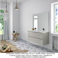 Ensemble meuble de salle de bain Oxford 120 cm grège brillant, plan double vasque marbre reconstitué, 2 tiroirs , miroir haut. 110 cm