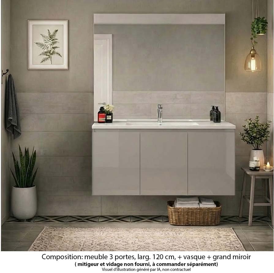 Ensemble meuble de salle de bain Oxford 120 cm grège brillant, plan vasque céramique,  3 portes , miroir haut. 110 cm