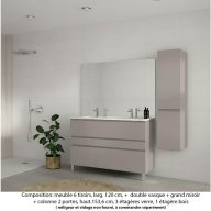Ensemble meuble de salle de bain Oxford 120 cm grège brillant, plan double vasque céramique, 3 tiroirs , miroir haut. 110 cm