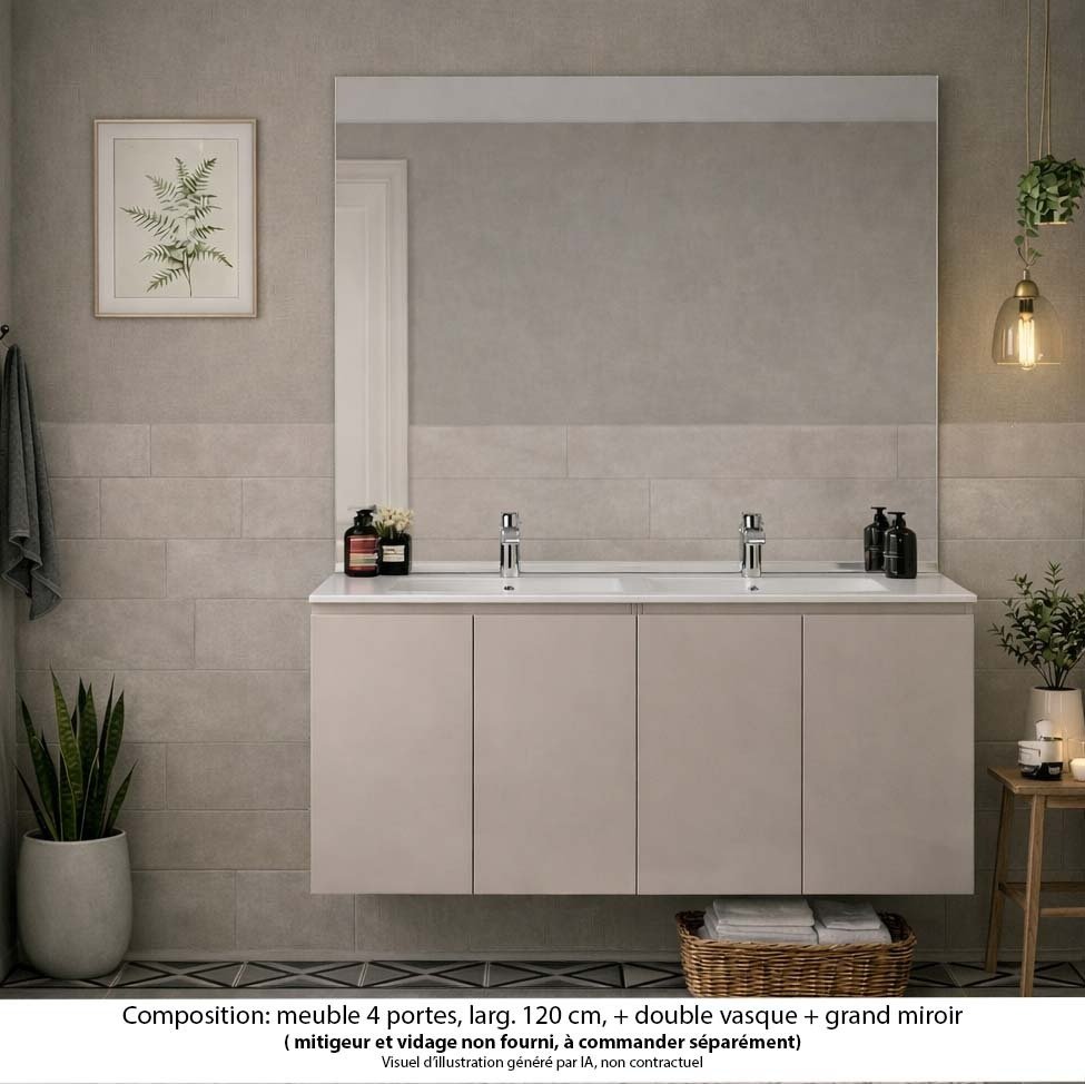 Ensemble meuble de salle de bain Oxford 120 cm grège brillant, plan vasque marbre reconstitué,  4 portes , miroir haut. 110 cm