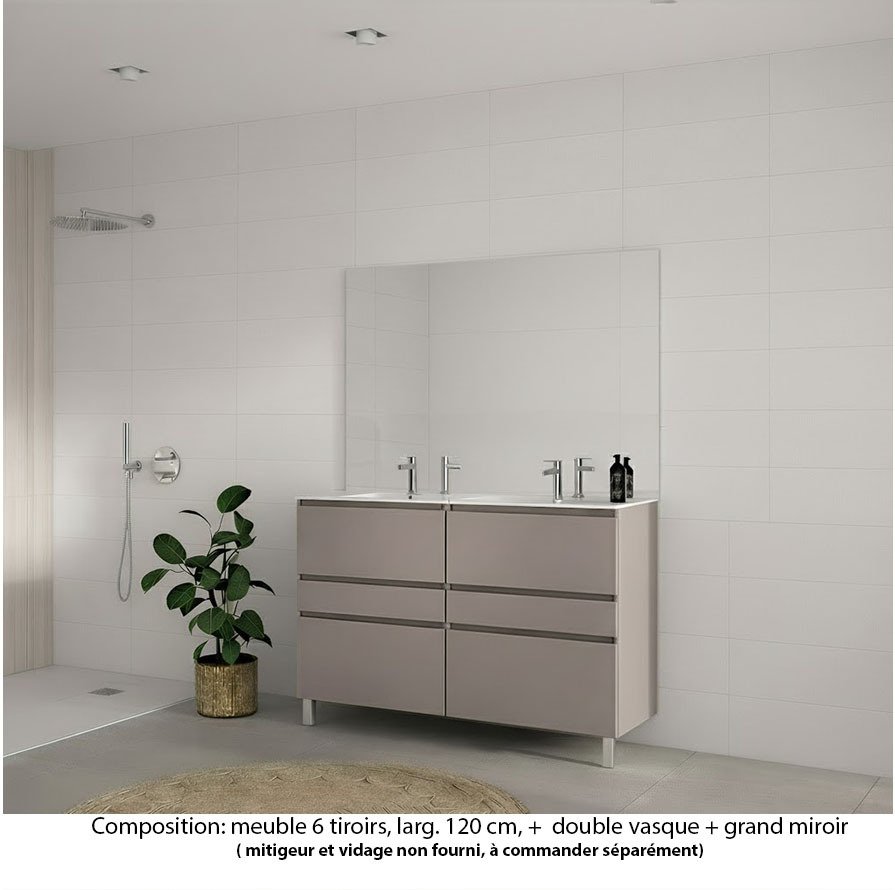Ensemble meuble de salle de bain Oxford 120 cm grège brillant, plan double vasque céramique,  6 tiroirs , miroir haut. 110 cm
