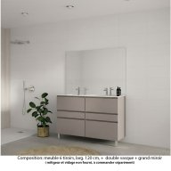 Ensemble meuble de salle de bain Oxford 120 cm grège brillant, plan double vasque marbre reconstitué, 6 tiroirs , miroir haut. 110 cm