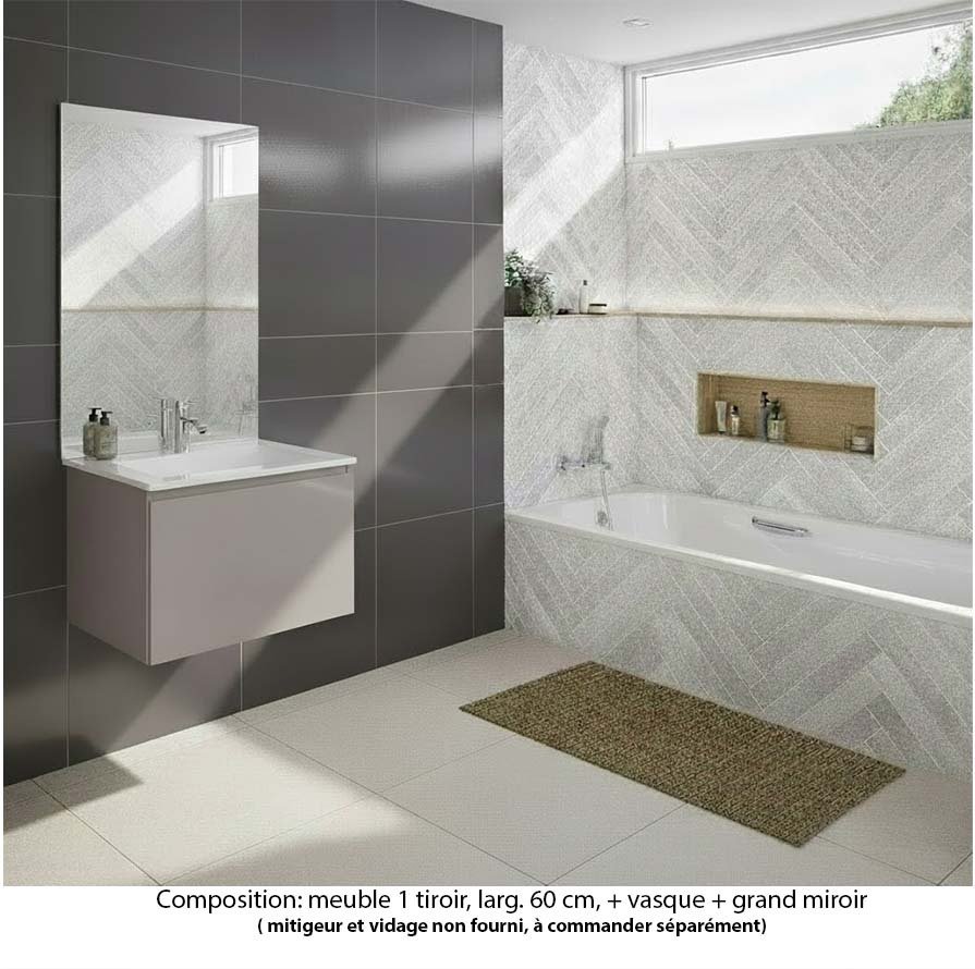 Ensemble meuble de salle de bain Oxford 80 cm grège brillant, plan vasque marbre reconstitué,  1 tiroir , miroir haut. 110 cm