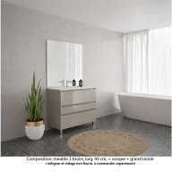 Ensemble meuble de salle de bain Oxford 90 cm grège brillant, plan vasque céramique, 3 tiroirs , miroir haut. 110 cm