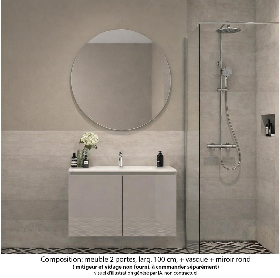 Ensemble meuble de salle de bain Oxford 80 cm grège brillant, plan vasque marbre reconstitué,  2 portes , miroir rond