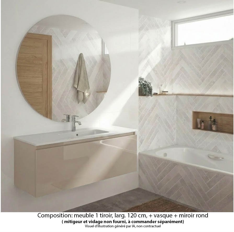 Ensemble meuble de salle de bain Oxford 120 cm grège brillant, plan vasque céramique,  1 tiroir , miroir rond