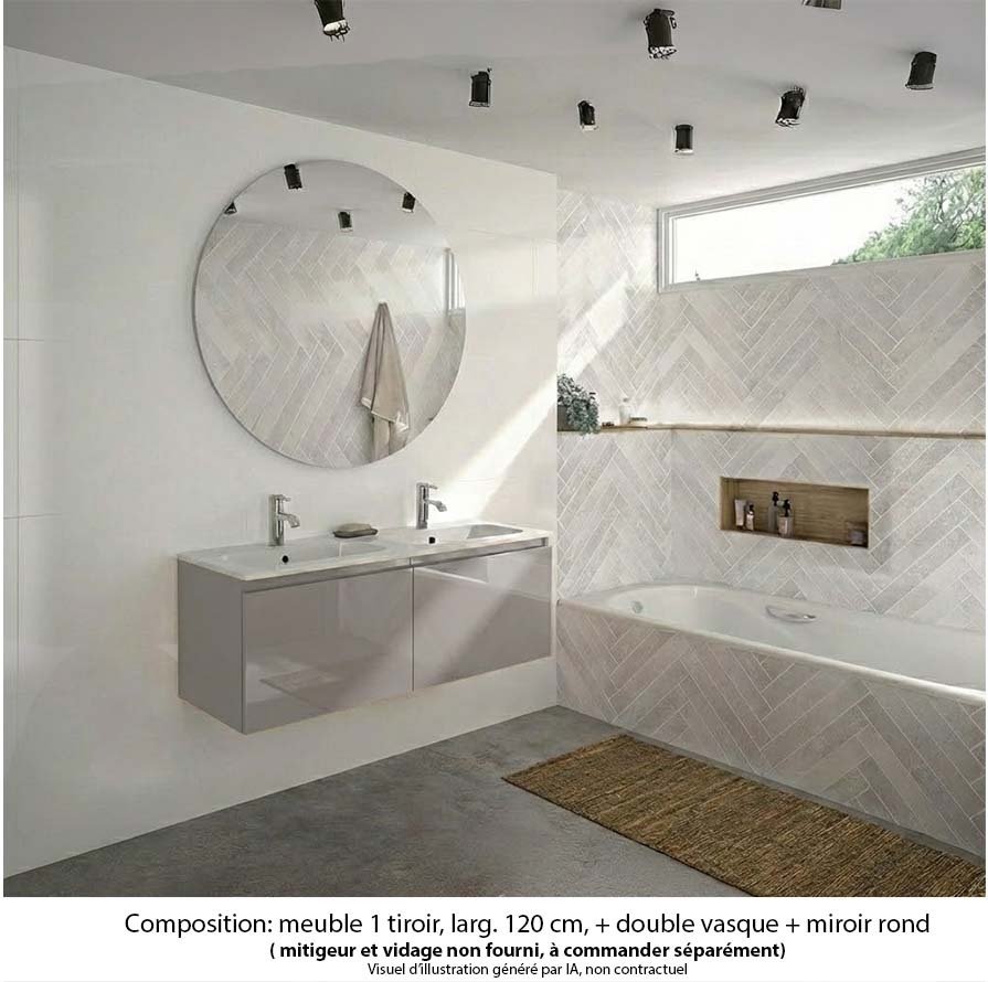 Ensemble meuble de salle de bain Oxford 120 cm grège brillant, plan double vasque marbre reconstitué,  2 tiroirs , miroir rond