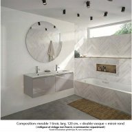 Ensemble meuble de salle de bain Oxford 120 cm grège brillant, plan double vasque marbre reconstitué, 2 tiroirs , miroir rond