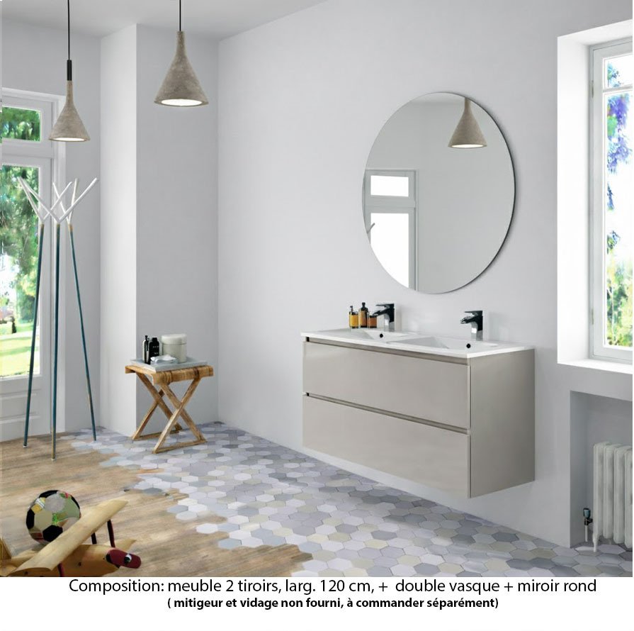 Ensemble meuble de salle de bain Oxford 120 cm grège brillant, plan double vasque céramique,  2 tiroirs , miroir rond