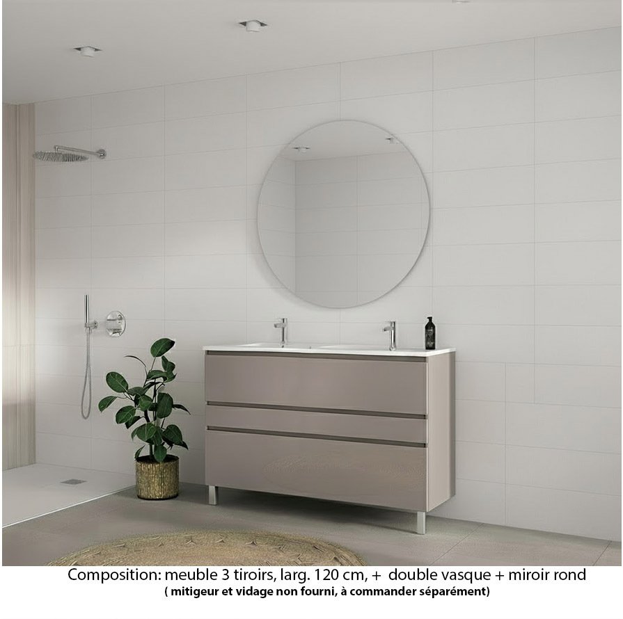 Ensemble meuble de salle de bain Oxford 120 cm grège brillant, plan double vasque marbre reconstitué,  3 tiroirs , miroir rond