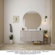 Ensemble meuble de salle de bain Oxford 120 cm grège brillant, plan vasque marbre reconstitué, 4 portes , miroir rond