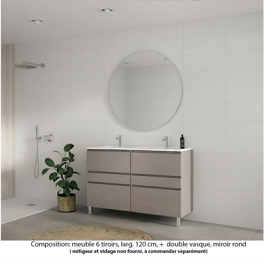 Ensemble meuble de salle de bain Oxford 120 cm grège brillant, plan double vasque céramique,  6 tiroirs , miroir rond