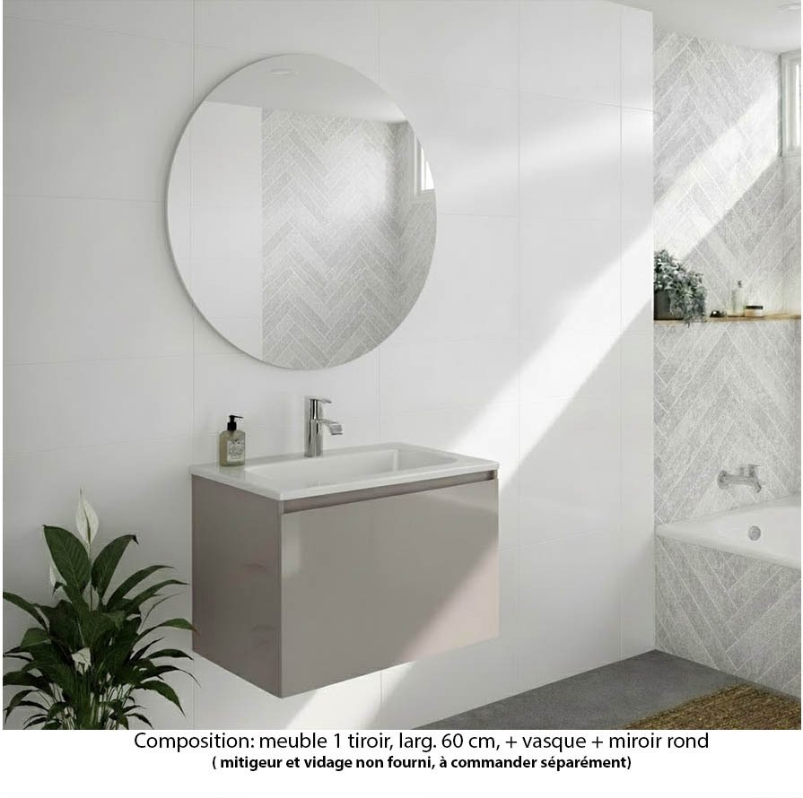 Ensemble meuble de salle de bain Oxford 80 cm grège brillant, plan vasque marbre reconstitué,  1 tiroir , miroir rond