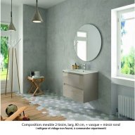 Ensemble meuble de salle de bain Oxford 80 cm grège brillant, plan vasque marbre reconstitué, 2 tiroirs , miroir rond