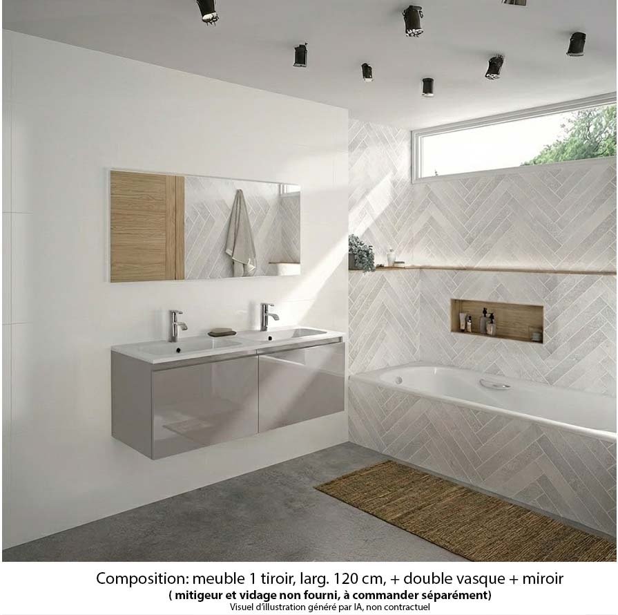 Ensemble meuble de salle de bain Oxford 120 cm grège brillant, plan double vasque céramique,  2 tiroirs , miroir haut. 60 cm