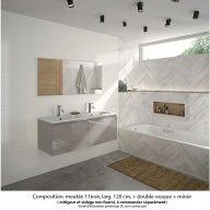 Ensemble meuble de salle de bain Oxford 120 cm grège brillant, plan double vasque marbre reconstitué, 2 tiroirs , miroir haut. 60 cm