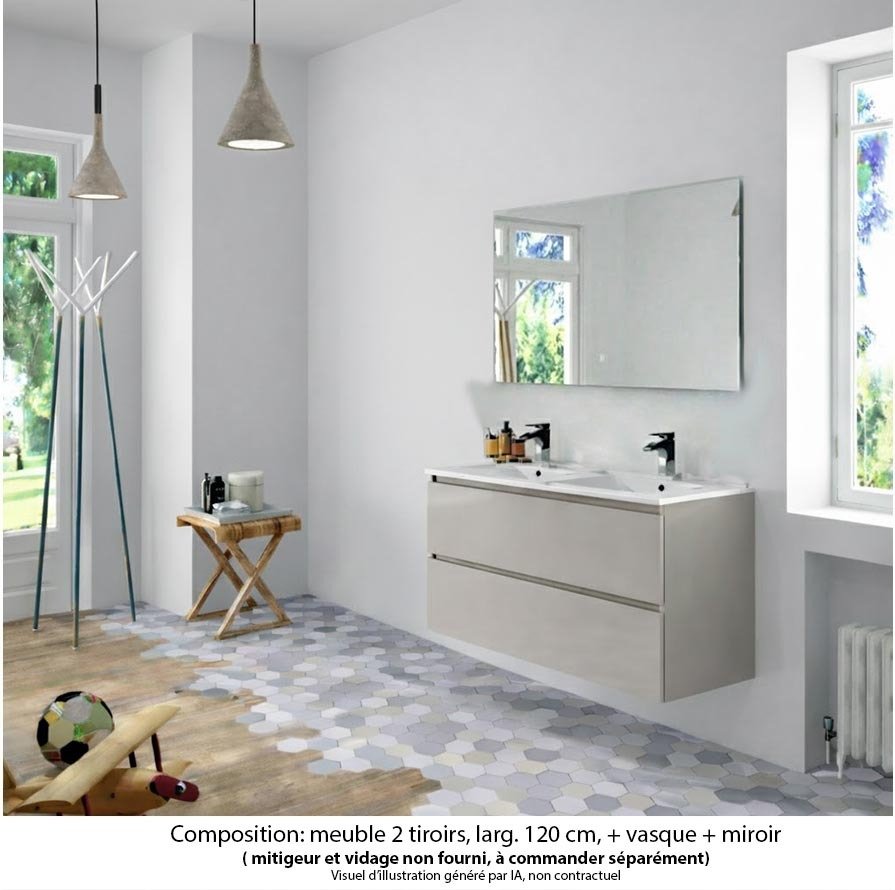 Ensemble meuble de salle de bain Oxford 120 cm grège brillant, plan double vasque céramique,  2 tiroirs , miroir haut. 60 cm