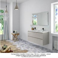 Ensemble meuble de salle de bain Oxford 120 cm grège brillant, plan double vasque céramique, 2 tiroirs , miroir haut. 60 cm