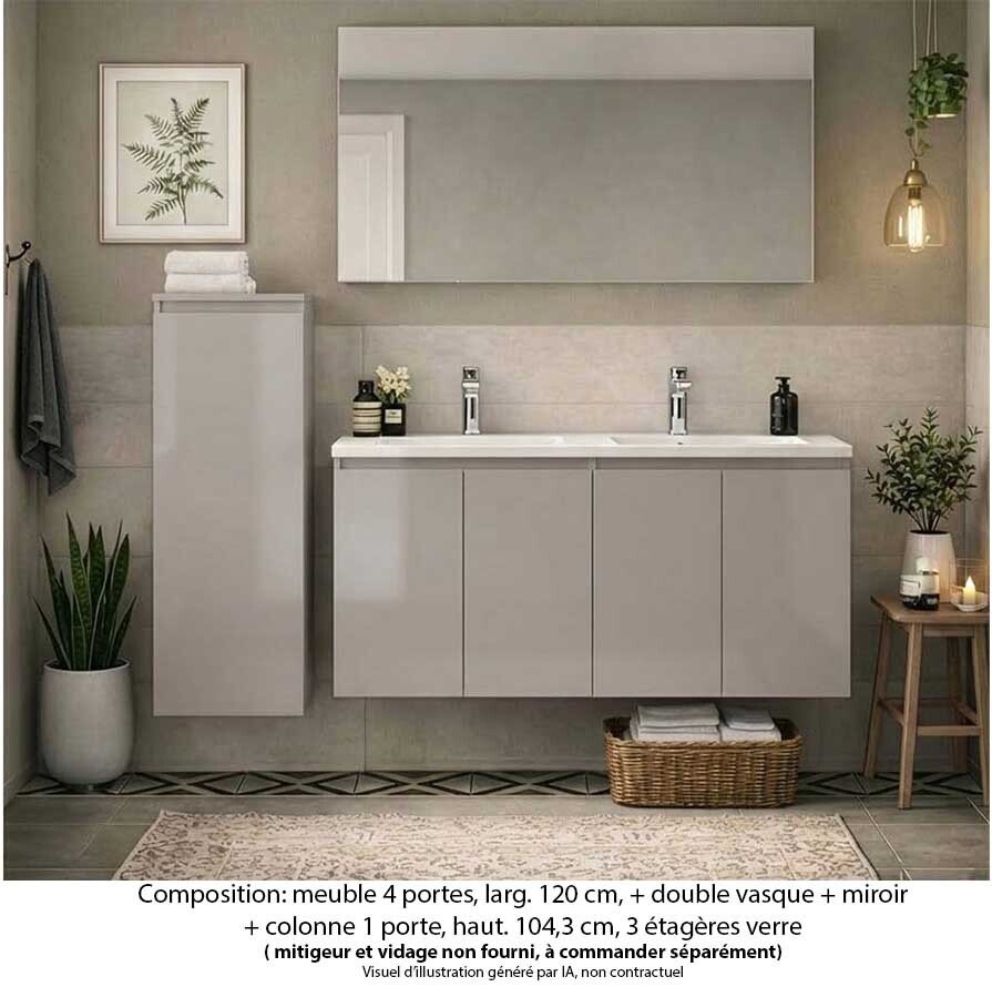 Ensemble meuble de salle de bain Oxford 120 cm grège brillant, plan vasque marbre reconstitué,  4 portes , miroir haut. 60 cm