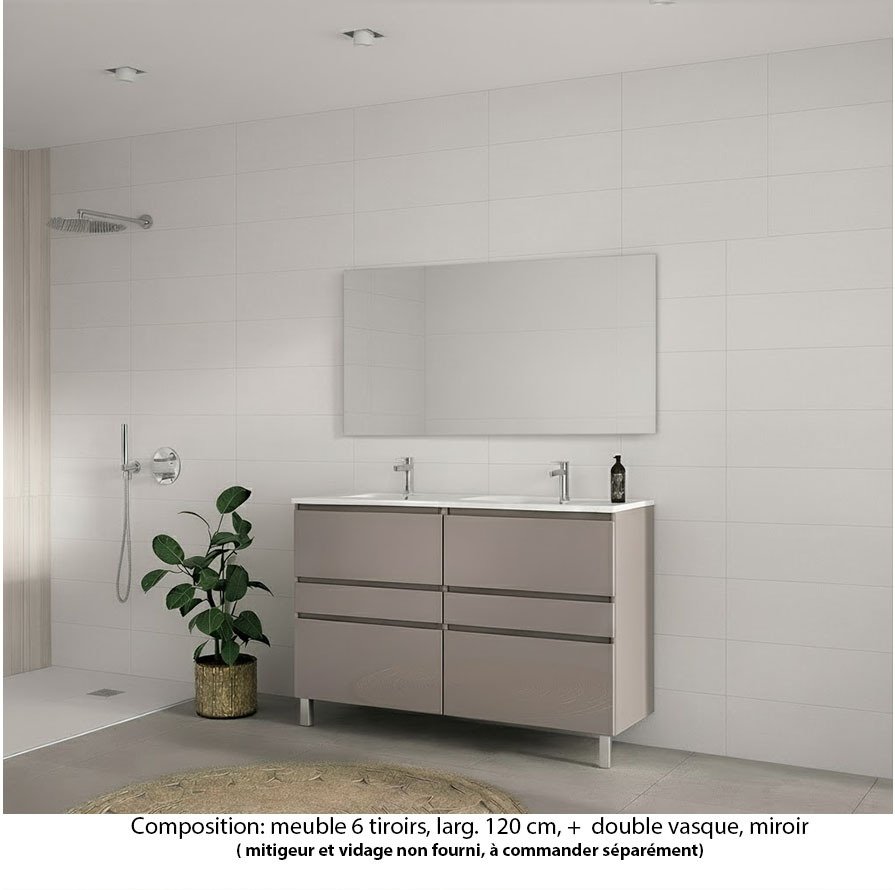 Ensemble meuble de salle de bain Oxford 120 cm grège brillant, plan double vasque céramique,  6 tiroirs , miroir haut. 60 cm