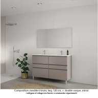 Ensemble meuble de salle de bain Oxford 120 cm grège brillant, plan double vasque marbre reconstitué, 6 tiroirs , miroir haut. 60 cm
