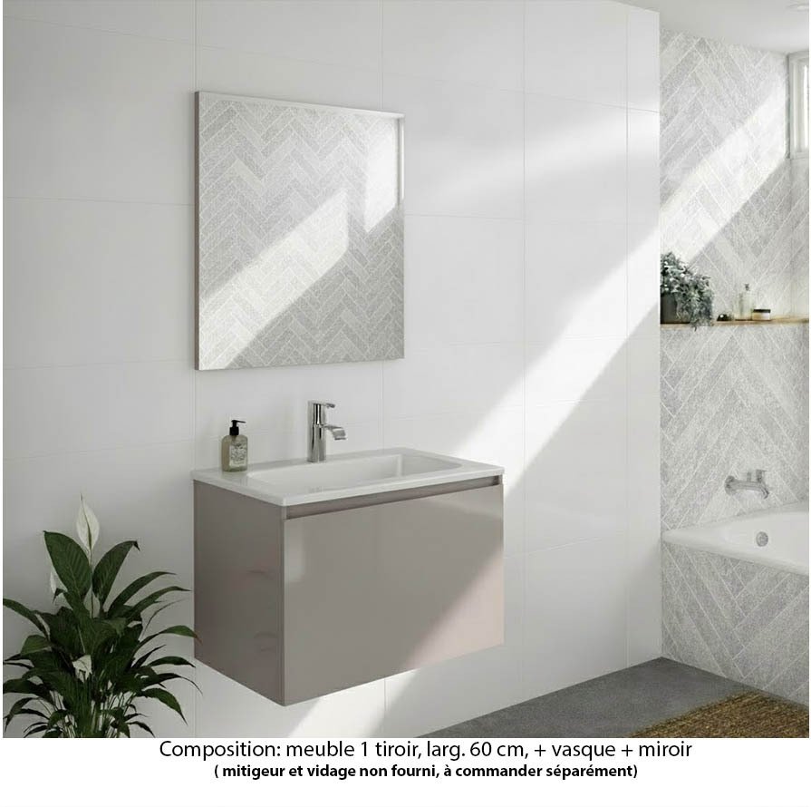 Ensemble meuble de salle de bain Oxford 100 cm grège brillant, plan vasque marbre reconstitué,  1 tiroir , miroir haut. 60 cm
