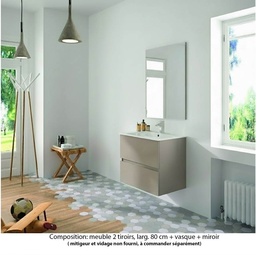 Ensemble meuble de salle de bain Oxford 80 cm grège brillant, plan vasque marbre reconstitué,  2 tiroirs , miroir haut. 60 cm