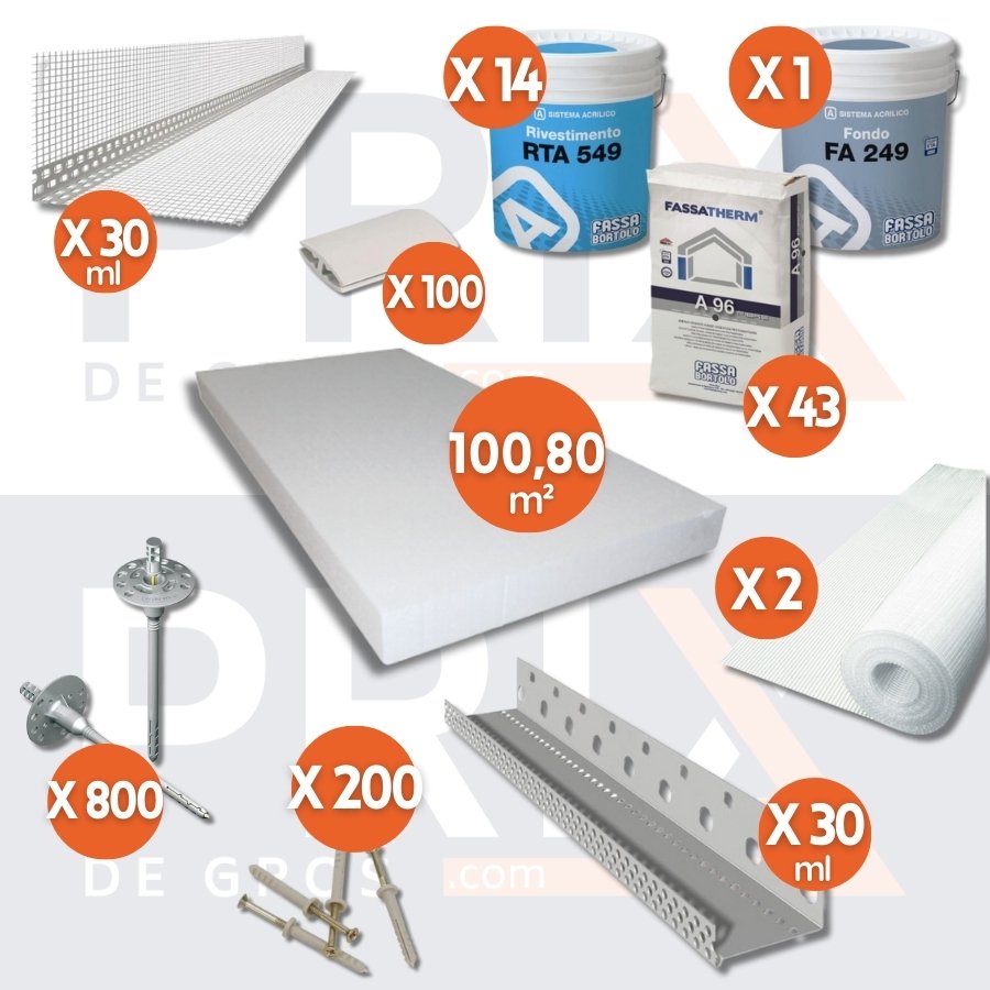 Image des composants du kit d'isolation thermique extérieure blanc, incluant une épaisseur de 140 mm