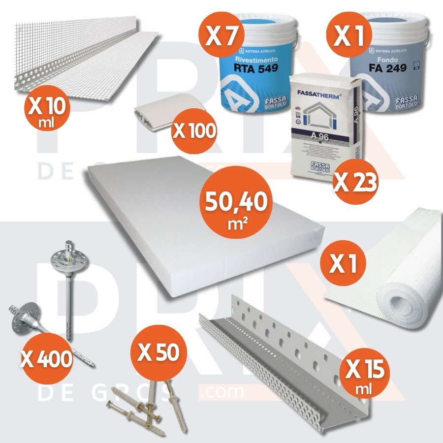 Image des composants du kit d'isolation thermique extérieure blanc, incluant une épaisseur de 120 mm