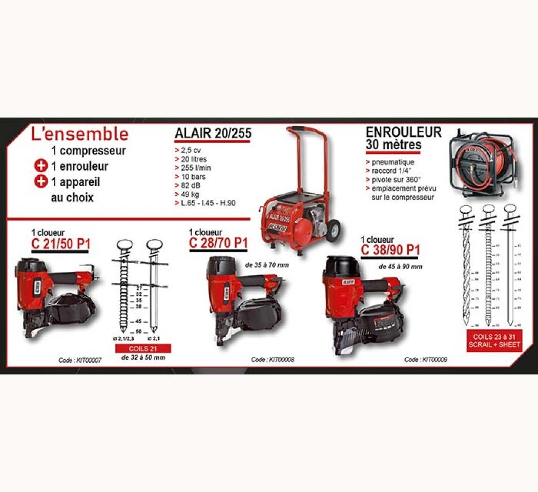 Ensemble de 1 compresseur ALAIR 20/255, 1 enrouleur 30M et 1 cloueur C38/90P1