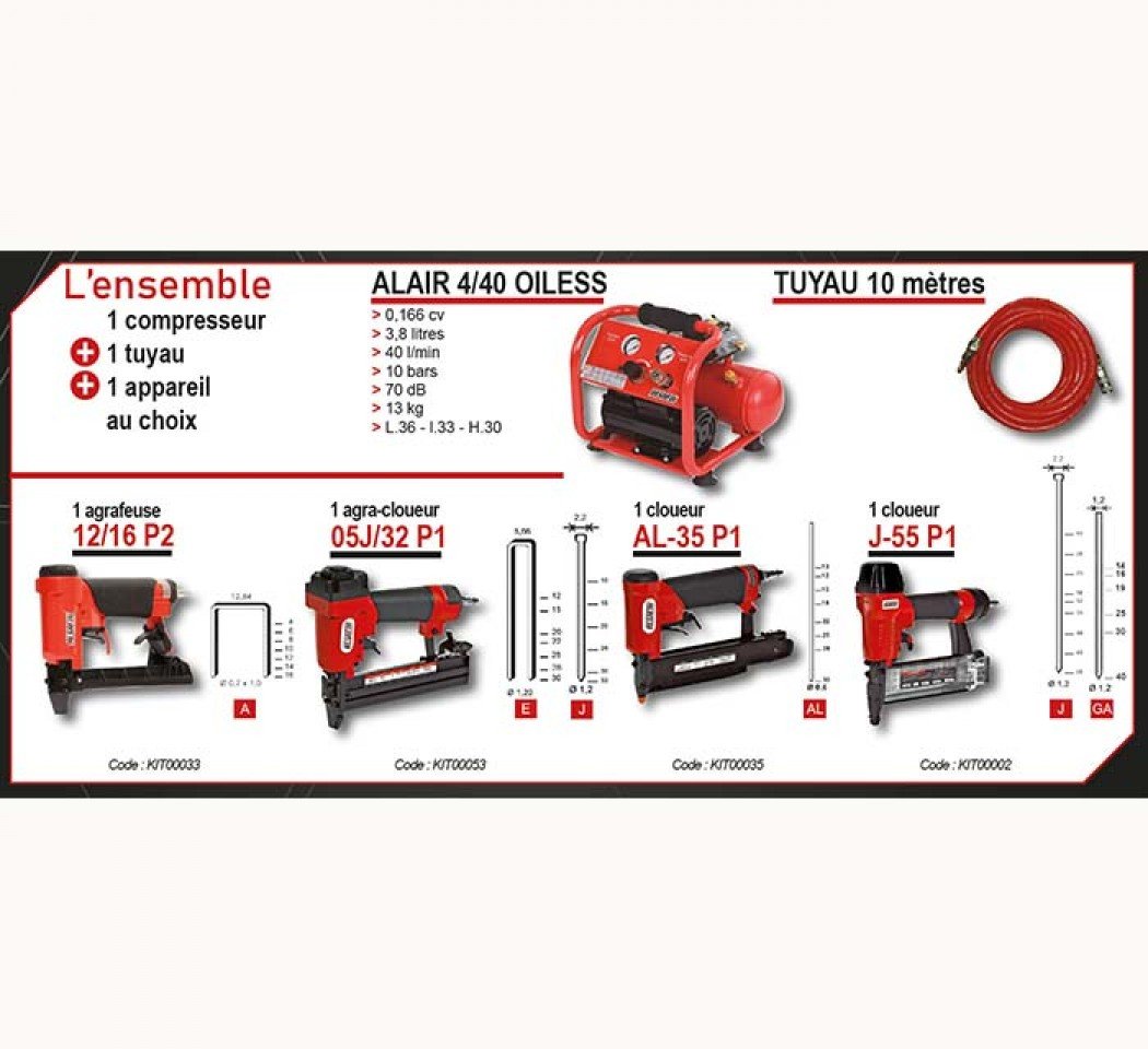 Ensemble de 1 compresseur ALAIR 4/40 OILESS, 1 tuyau et 1 cloueur J-55P1