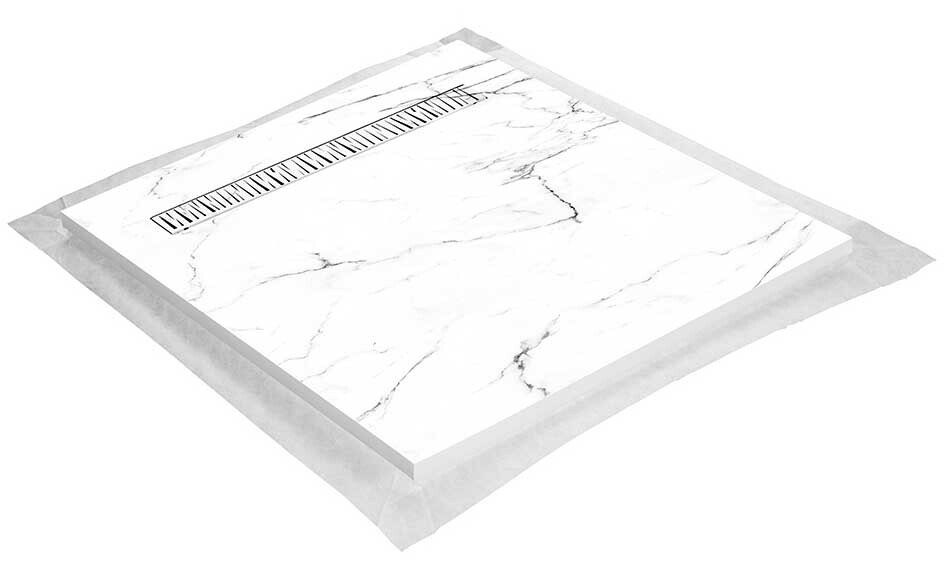 Receveur résine 120 x 120 cm imitation marbre blanc - grille caniveau excentrée